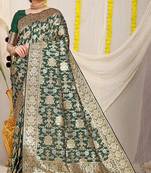Bottle green banarasi silk blend saree with rich gold zari floral weaving
