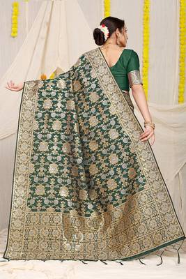 Bottle green banarasi silk blend saree with rich gold zari floral weaving 2