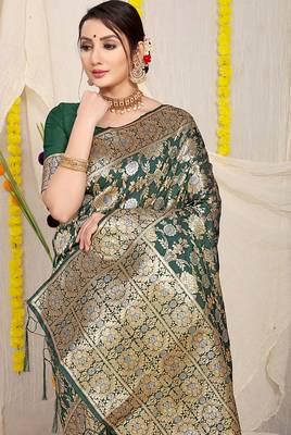 Bottle green banarasi silk blend saree with rich gold zari floral weaving 3
