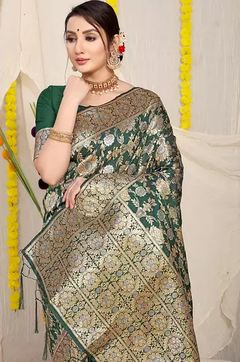 Bottle green banarasi silk blend saree with rich gold zari floral weaving