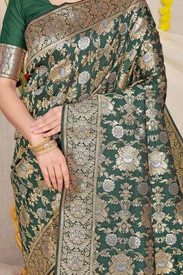 Bottle green banarasi silk blend saree with rich gold zari floral weaving 4
