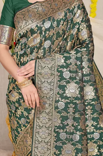 Bottle green banarasi silk blend saree with rich gold zari floral weaving