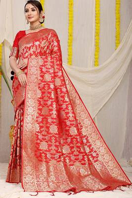Red banarasi silk blend saree with rich gold zari floral weaving 1