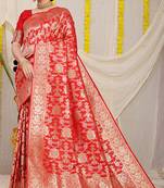 Red banarasi silk blend saree with rich gold zari floral weaving