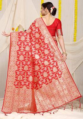Red banarasi silk blend saree with rich gold zari floral weaving 2