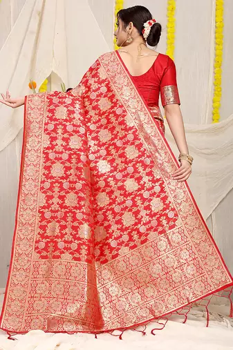Red banarasi silk blend saree with rich gold zari floral weaving