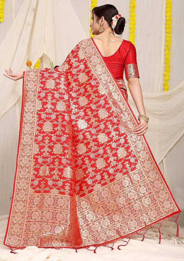 Red banarasi silk blend saree with rich gold zari floral weaving