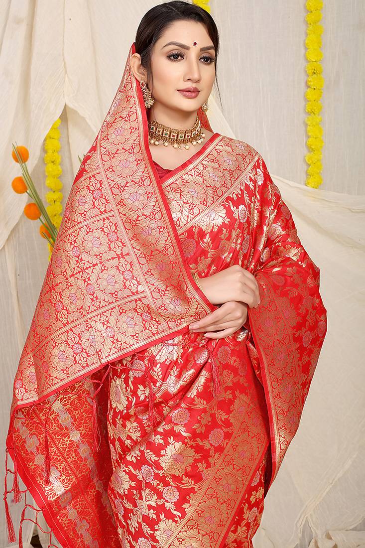 Red banarasi silk blend saree with rich gold zari floral weaving