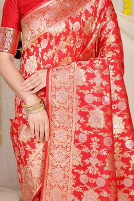 Red banarasi silk blend saree with rich gold zari floral weaving 4