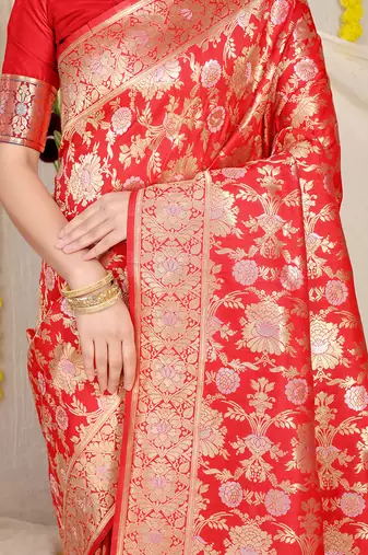 Red banarasi silk blend saree with rich gold zari floral weaving