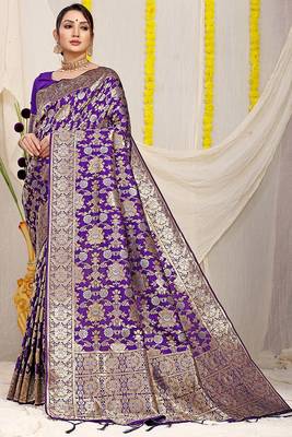 Violet banarasi silk blend saree with rich gold zari floral weaving 1