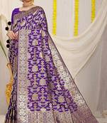 Violet banarasi silk blend saree with rich gold zari floral weaving