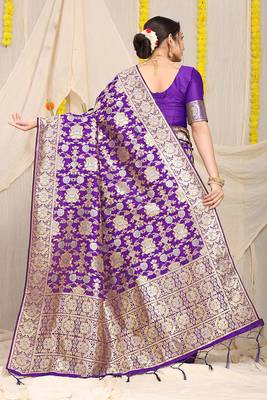 Violet banarasi silk blend saree with rich gold zari floral weaving 2
