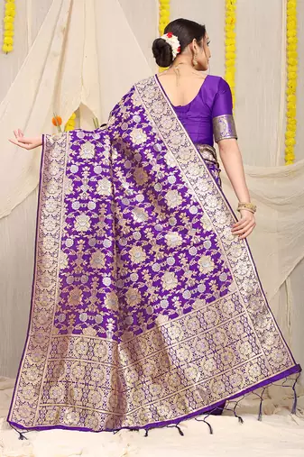 Violet banarasi silk blend saree with rich gold zari floral weaving