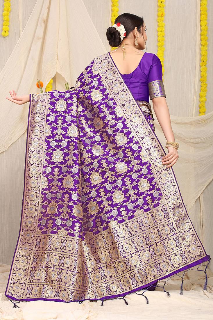 Violet banarasi silk blend saree with rich gold zari floral weaving