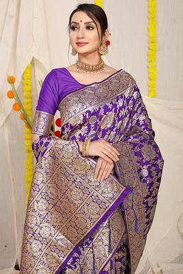 Violet banarasi silk blend saree with rich gold zari floral weaving 3