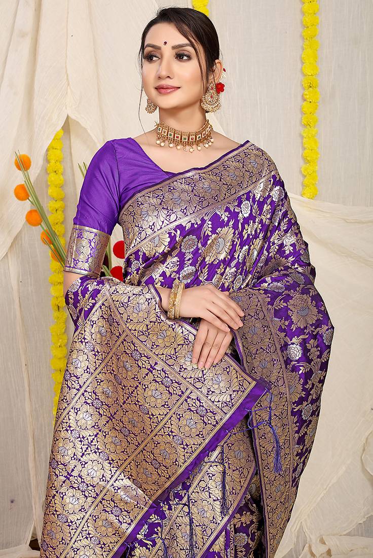 Violet banarasi silk blend saree with rich gold zari floral weaving