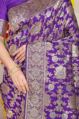 Violet banarasi silk blend saree with rich gold zari floral weaving 4