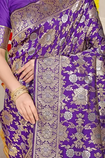 Violet banarasi silk blend saree with rich gold zari floral weaving