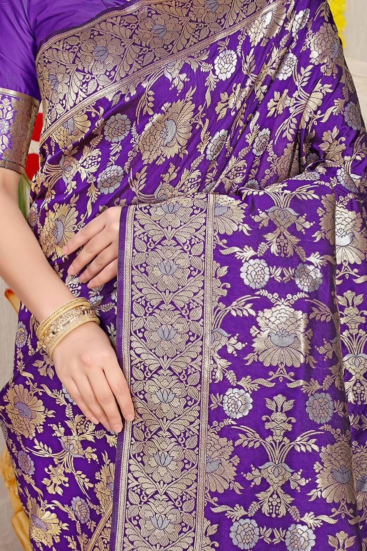Violet banarasi silk blend saree with rich gold zari floral weaving