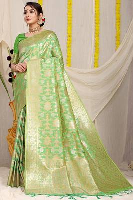 Light green banarasi silk blend saree with rich gold zari floral weaving 1