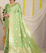 Light green banarasi silk blend saree with rich gold zari floral weaving