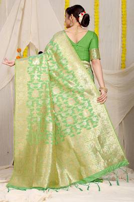 Light green banarasi silk blend saree with rich gold zari floral weaving 2