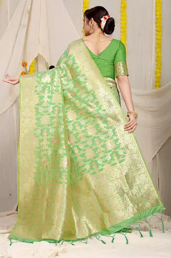 Light green banarasi silk blend saree with rich gold zari floral weaving