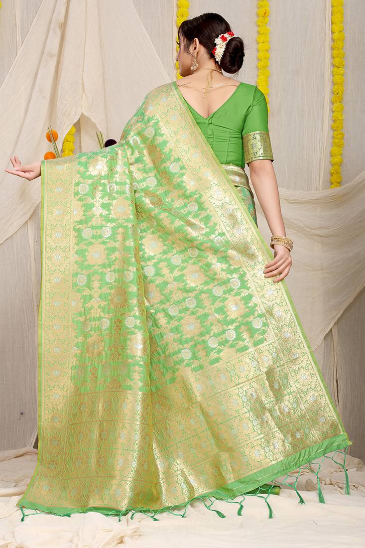 Light green banarasi silk blend saree with rich gold zari floral weaving