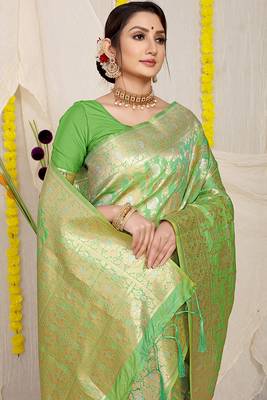 Light green banarasi silk blend saree with rich gold zari floral weaving 3