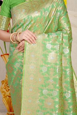 Light green banarasi silk blend saree with rich gold zari floral weaving 4