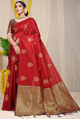 Crimson red banarasi silk blend saree with gold leaf buttis & woven border 1