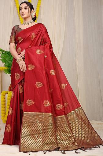 Crimson red banarasi silk blend saree with gold leaf buttis & woven border