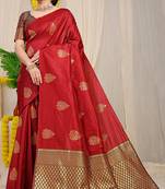 Crimson red banarasi silk blend saree with gold leaf buttis & woven border