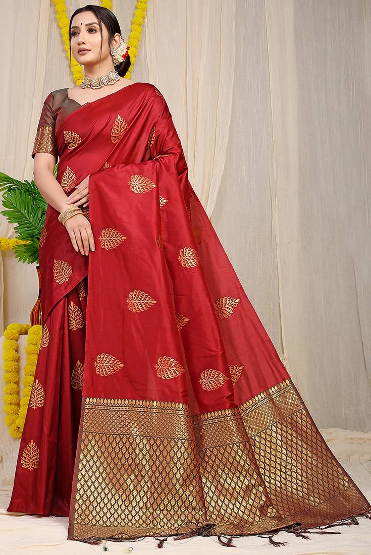 Crimson red banarasi silk blend saree with gold leaf buttis & woven border