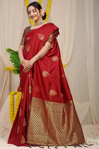 Crimson red banarasi silk blend saree with gold leaf buttis & woven border
