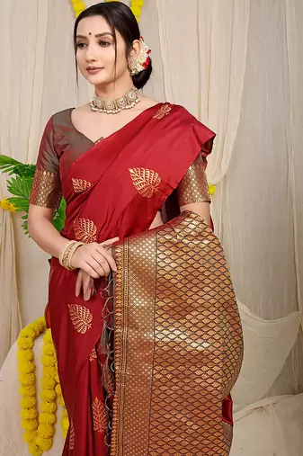 Crimson red banarasi silk blend saree with gold leaf buttis & woven border