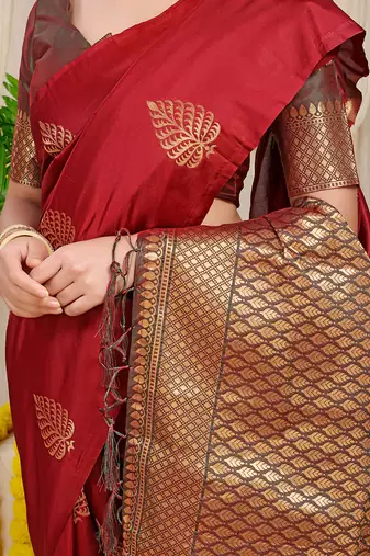 Crimson red banarasi silk blend saree with gold leaf buttis & woven border