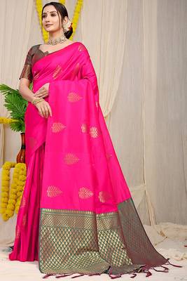 Rani pink banarasi silk blend saree with gold leaf buttis & woven border 1