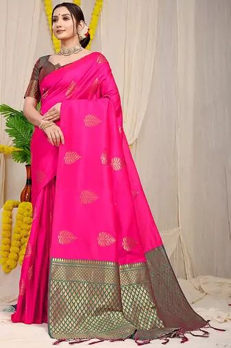 Rani pink banarasi silk blend saree with gold leaf buttis & woven border