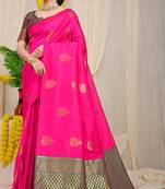Rani pink banarasi silk blend saree with gold leaf buttis & woven border