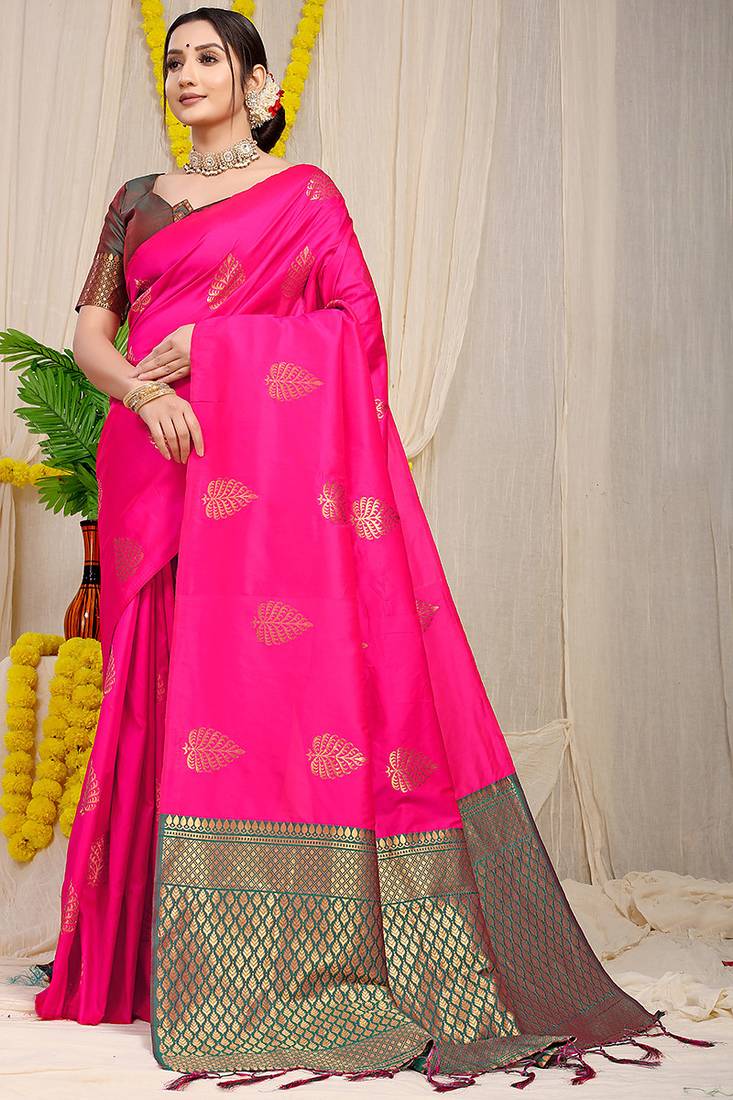 Rani pink banarasi silk blend saree with gold leaf buttis & woven border