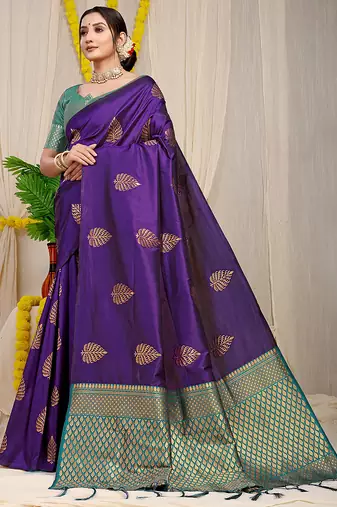 Dark violet banarasi silk blend saree with gold leaf buttis & woven border