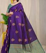 Dark violet banarasi silk blend saree with gold leaf buttis & woven border
