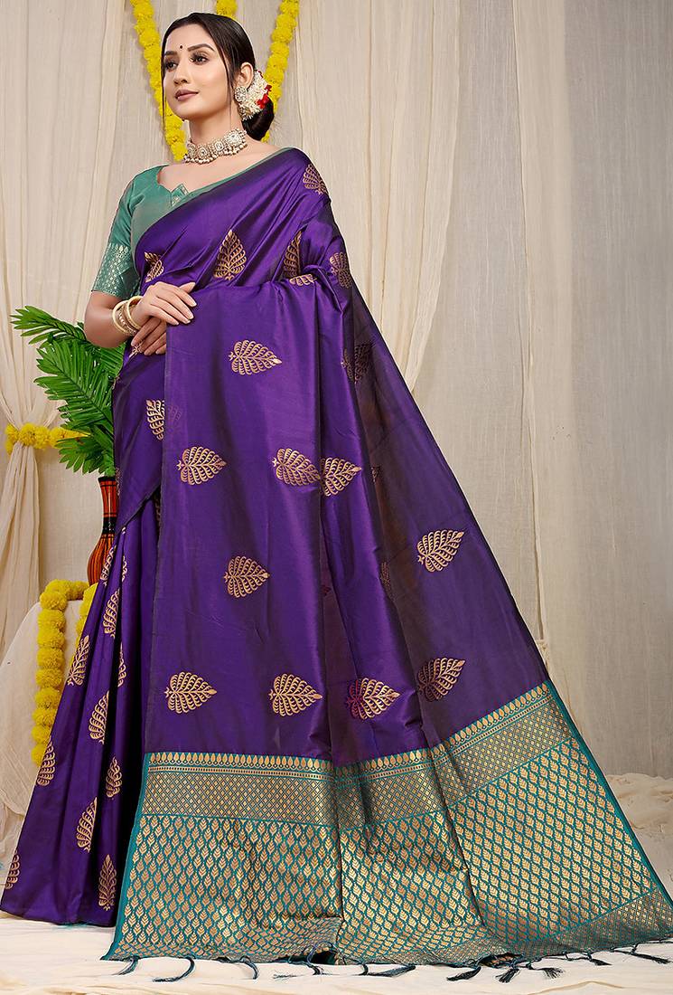 Dark violet banarasi silk blend saree with gold leaf buttis & woven border