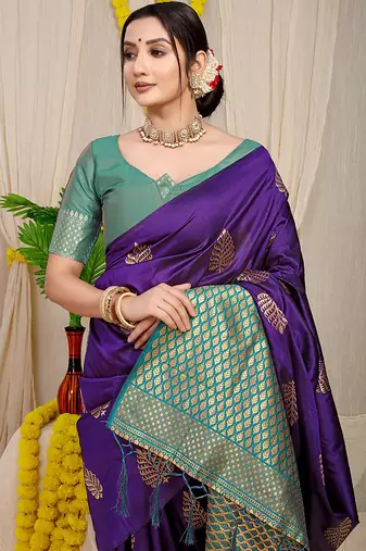 Dark violet banarasi silk blend saree with gold leaf buttis & woven border