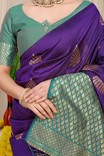 Dark violet banarasi silk blend saree with gold leaf buttis & woven border