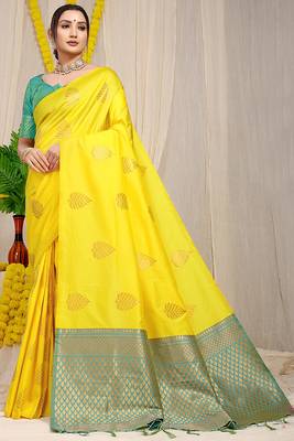 Yellow banarasi silk blend saree with gold leaf buttis & woven border 1