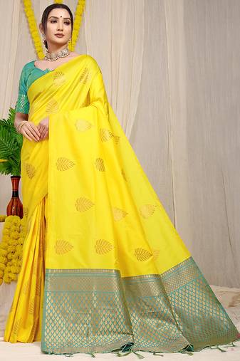 Yellow banarasi silk blend saree with gold leaf buttis & woven border