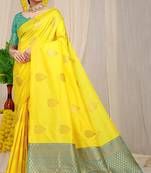 Yellow banarasi silk blend saree with gold leaf buttis & woven border